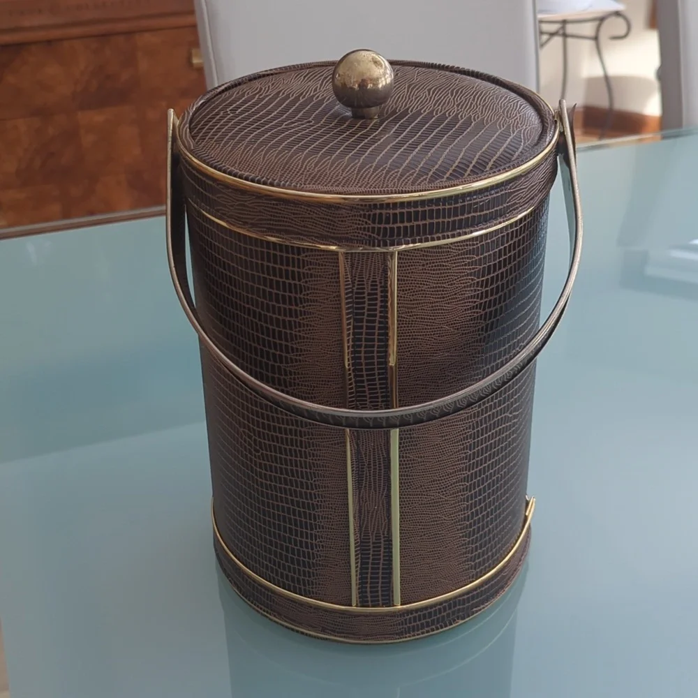 Hollywood Regency Ice Bucket, Brown Faux Alligator, Mid-Century Modern Barware